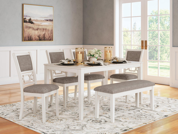 Ashley Erinberg Antique White Dining Table and 4 Chairs and Bench (Set of 6)