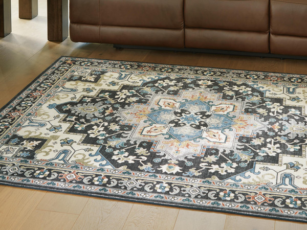 Ashley Leningston Black Cream Blue 5' x 7' Washable Rug