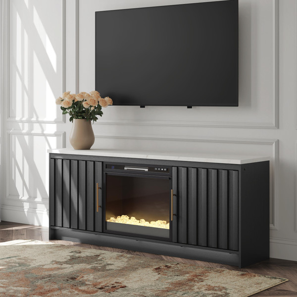 Ashley Cadmori Black White 63" TV Stand with Electric Fireplace