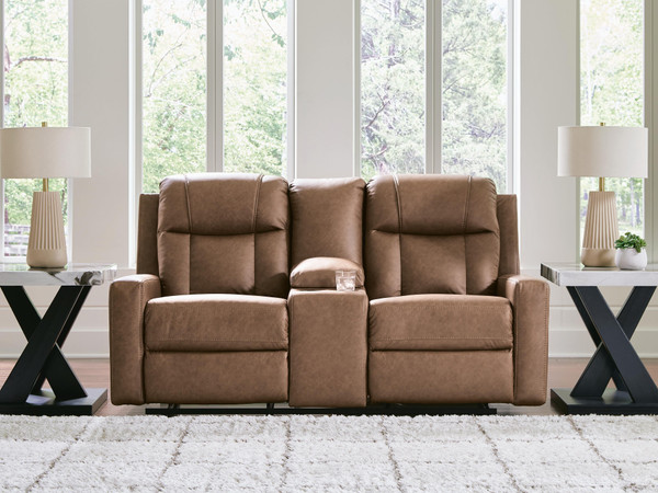 Benchcraft Mackmenville Caramel Reclining Loveseat with Console