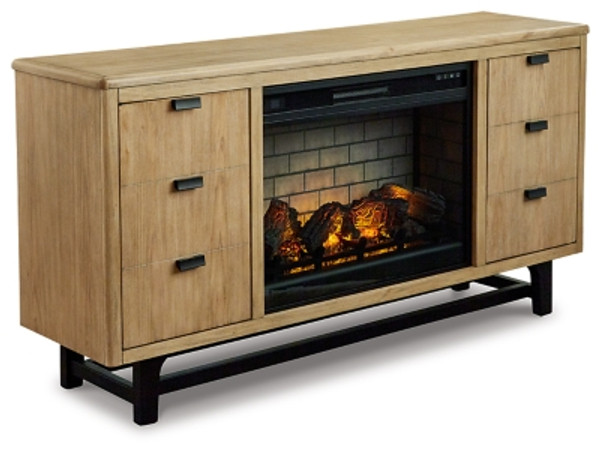 Ashley Freslowe Light Brown Black TV Stand with Electric Fireplace