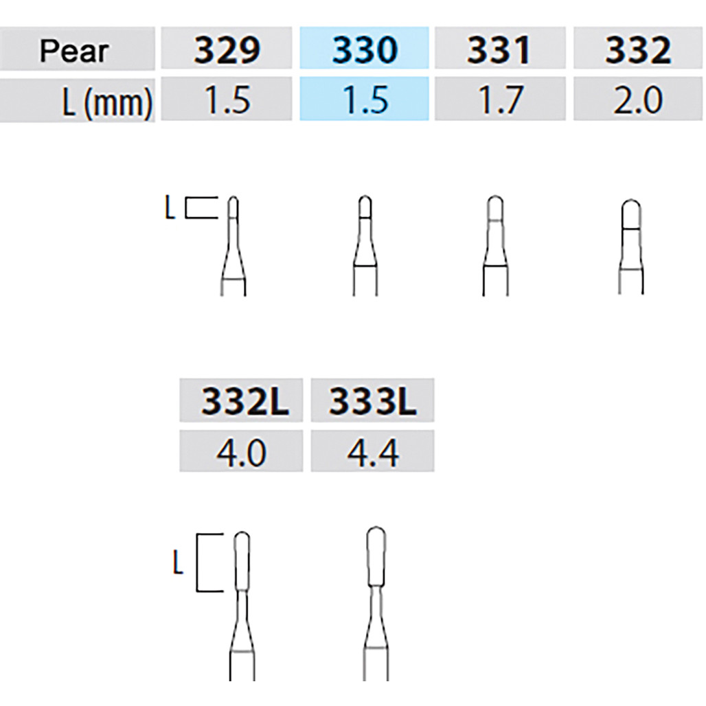 Dental Bur - Pear 330 - 19mm FG (standard length) - 5 pack