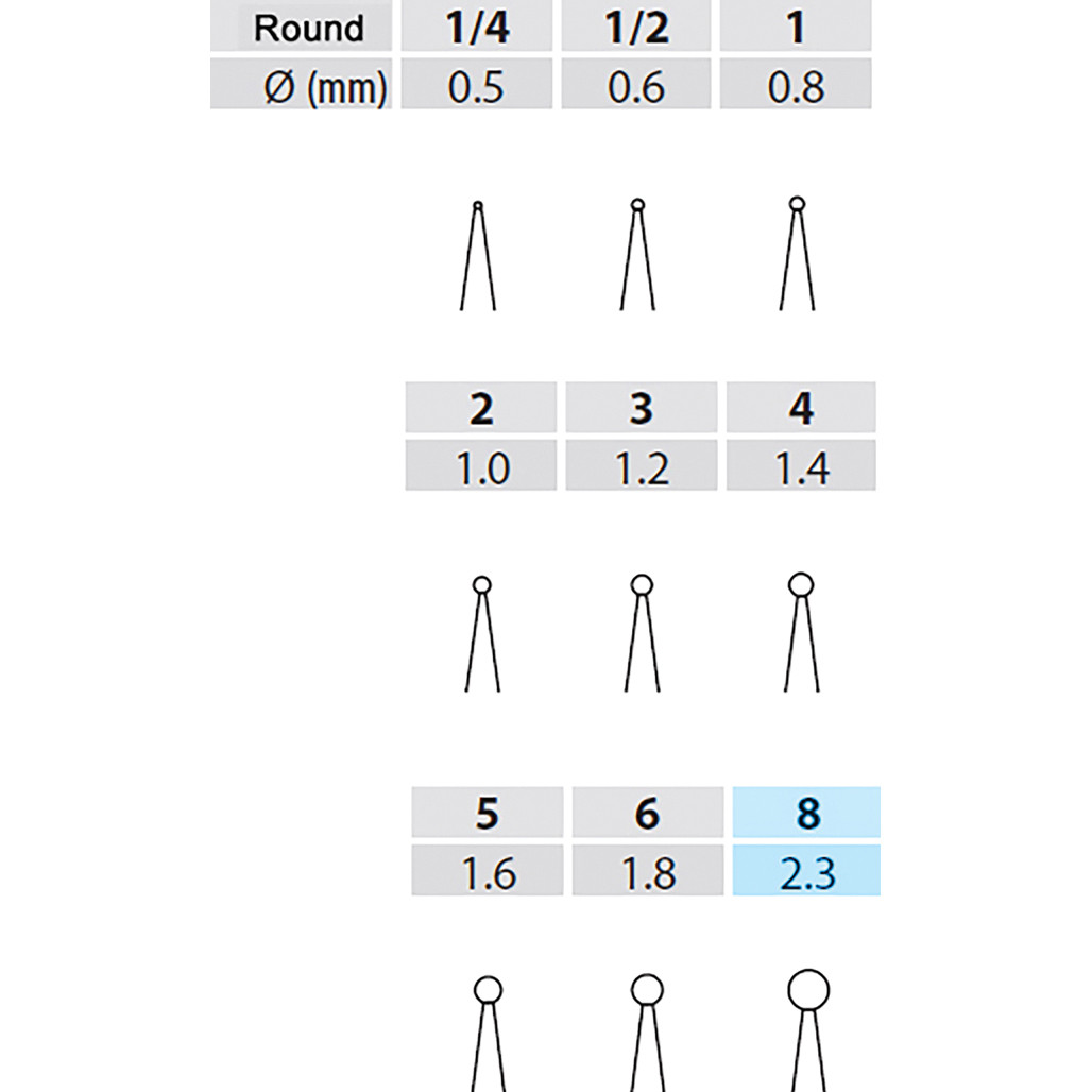 Dental Bur - Round 8 - 44.5mm HP - 5 pack