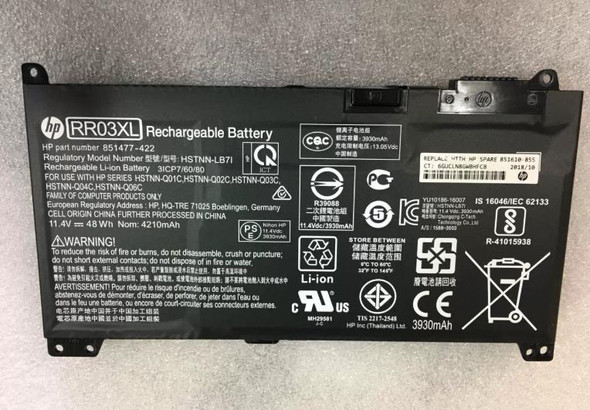 1 of 1-image forRR03XL HP ProBook 430 440 450 455 470 G5 1920X1080 48Wh 11.4V 3-Cell Li-Ion 851610-855 HSTNN-LB7Z OEM Replacement