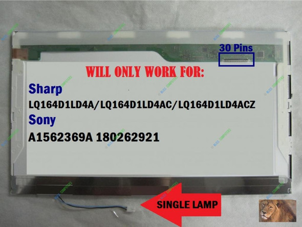 1 of 5-image forSony Vaio Vgn-fw390cy REPLACEMENT LAPTOP LCD Screen 16.4" WXGA++ Single Lamp LQ164D1LD4A ONLY