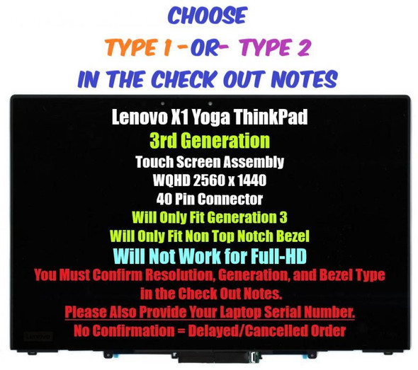 1 of 10-image forLenovo ThinkPad X1 YOGA 3rd Gen WQHD LCD Display Touch Screen Assembly 01YT248