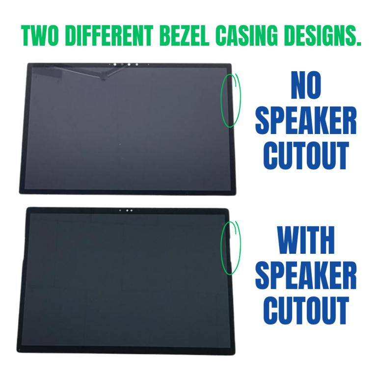 Comparison image showing bezel with speaker cutouts vs. no cutouts for Dell XPS 13 9315 / Latitude 13 7350