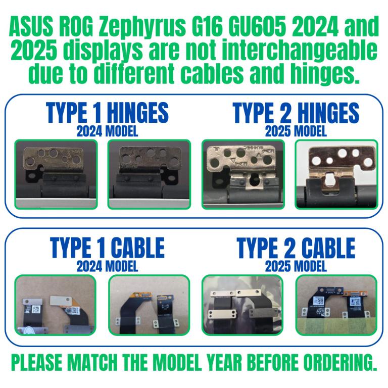 Comparison image of ASUS ROG Zephyrus G16 GU605 2024 vs 2025 display assemblies, cable routes, and hinge designs