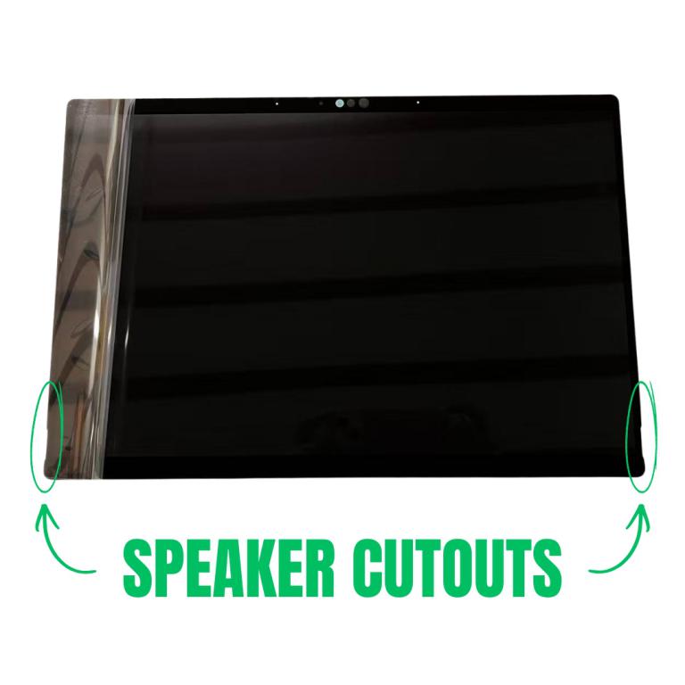 Display assembly showing speaker cutouts on both lower sides of the frame