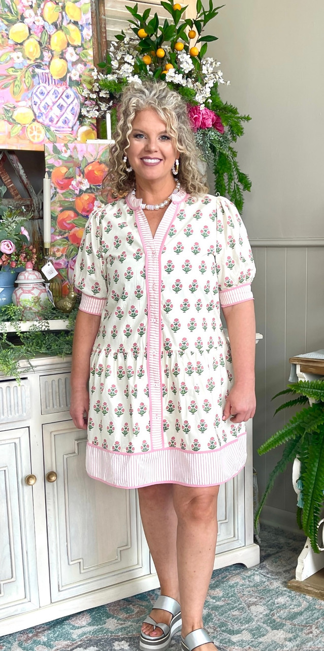 Dress, Short Sleeve Pink/Green Button Down Floral Dress, Short Sleeve Pink/Green Button Down Floral