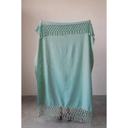 Throw, Tiffany Blue Woven Cotton Throw With Crochet Fringe