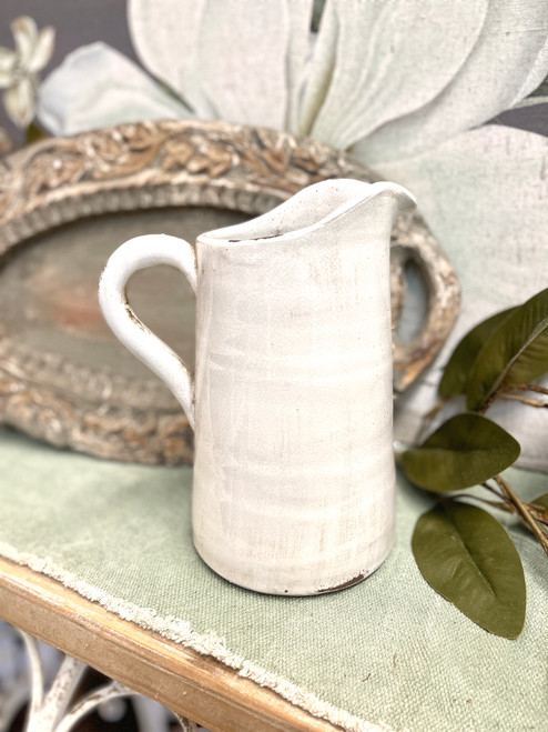 Pitcher, White Crackled Ceramic