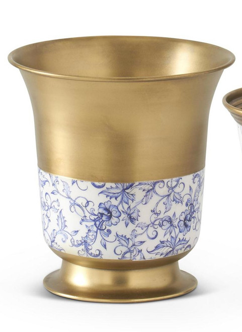 Vase, Brass Metal & Blue Floral LARGE
