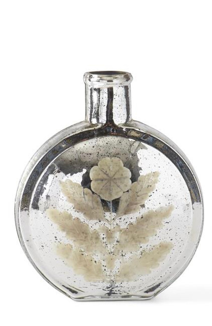 Vase, Silver Mercury Glass Etched Flat Round, LARGE