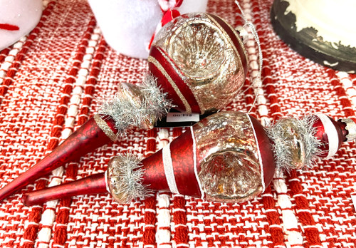 Ornament, Red & Silver Mercury Glass Open Front With Tinsel