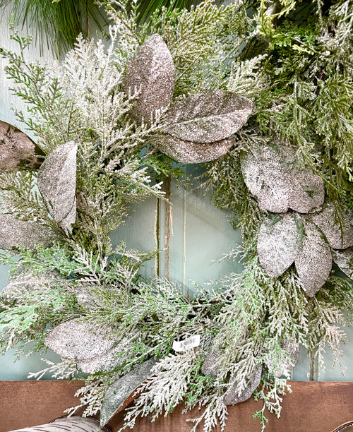 Christmas Wreath Glittered with Magnolia Leaves
