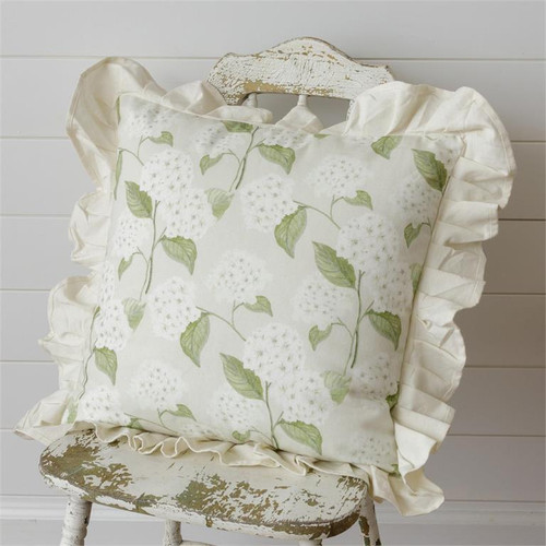 Pillow, White Hydrangea With Ruffle 18"