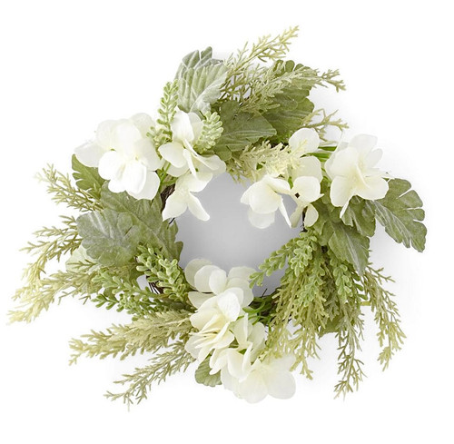 Candle Ring, Soft Green Mixed Foliage & White Hydrangea 12"