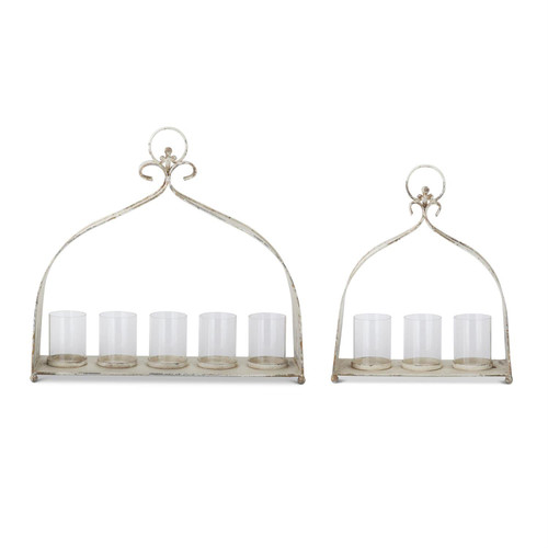 Lantern, Weathered White & Gold Hurricane Candleholder LARGE