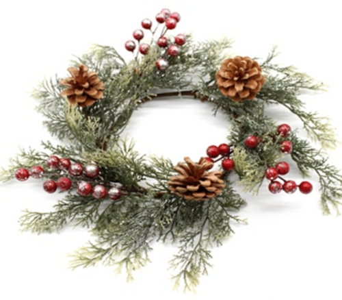 Candle Ring Red Berries and Frosted Greenery