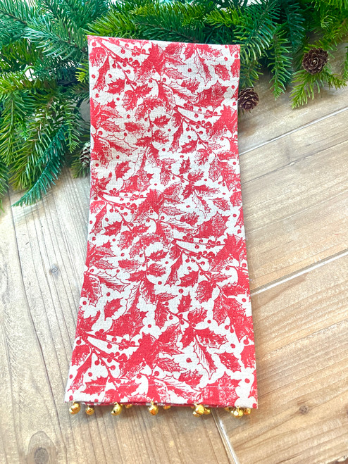 Towel, LINEN Yuletide With Brass Bells Red Holly
