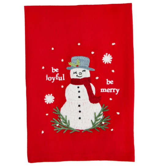 Towel, Red With Embroidered Snowman