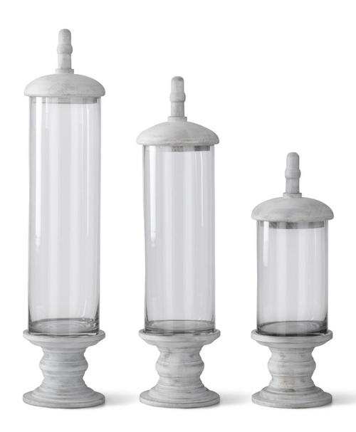 Canisters, Cylinder Glass With White Wood Base and Pedestal Top