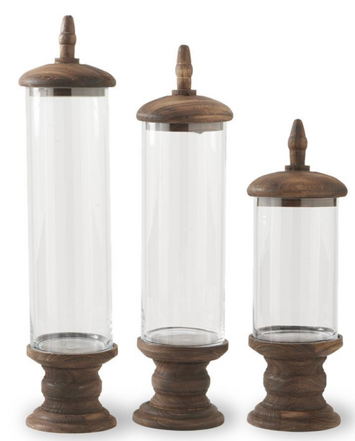 Canisters, Cylinder Glass With Wood Base and Pedestal Top