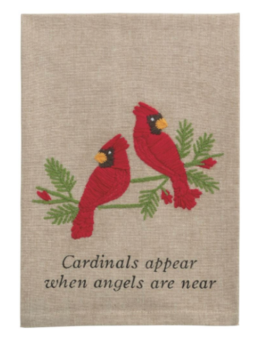 Towel, Two Cardinal Embroidered on Tan