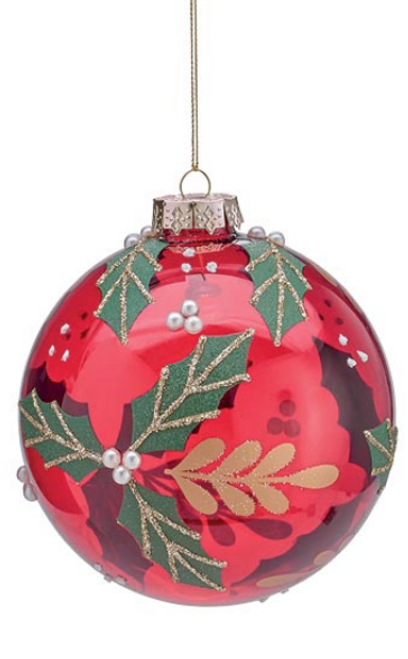 Ornament, Hand Blown Red Glass With Holly Leaves 4.75"