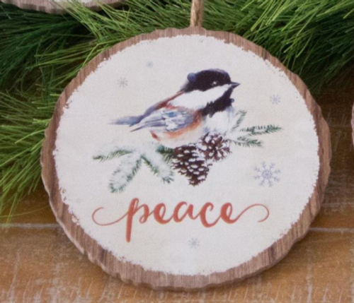 Ornament, Wood Slice With Peace Bird
