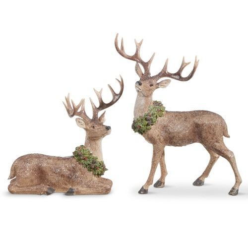 Deer, Set of Two Brown Deer With Wreath