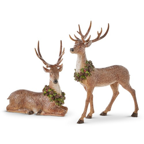 Deer, Set of Two Glittered Brown With Wreath 16"
