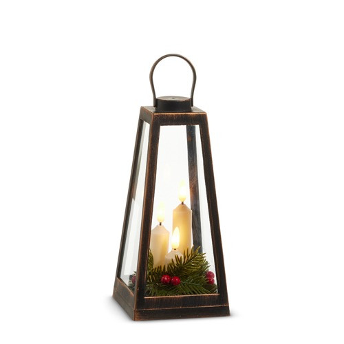 Lantern, Distressed with Candles and Christmas Greenery