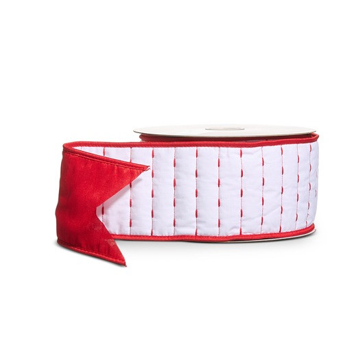 Ribbon, White Velvet Stitched w Red, 10 Yards
