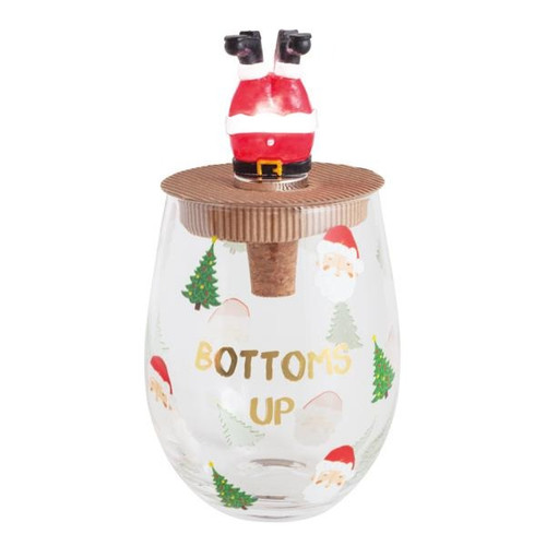 Glass & Light-Up Stopper Set, Bottoms Up Santa
