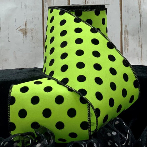 Ribbon, Lime With Satin Black Flocked Polka Dots 4"x 10 YDS