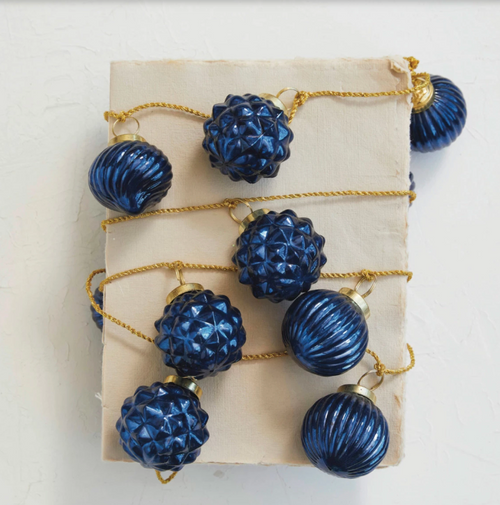 Mercury Glass Ornament Garland w/ Gold Cord, Blue