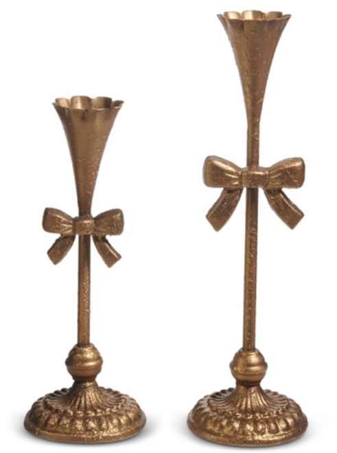 Candlesticks, Set of Two Gold Bow Taper 13"