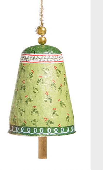 Ornament, Patterned Christmas Paper Mache Holly 10" Bell