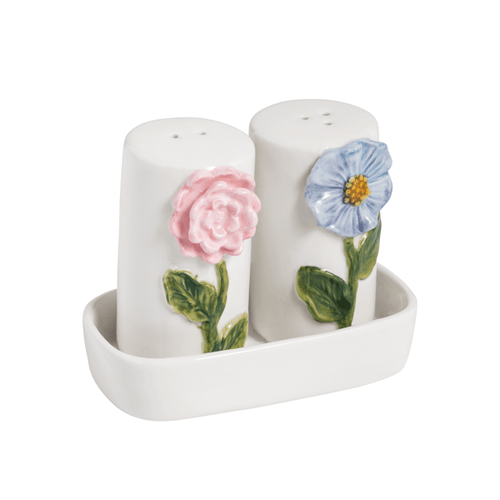 Salt and Pepper Shakers, Hand-painted Dimensional Flowers With Tray