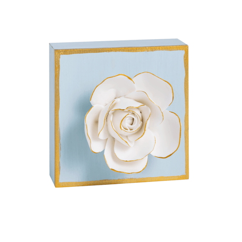 Block Plaque, Blue With White Flower