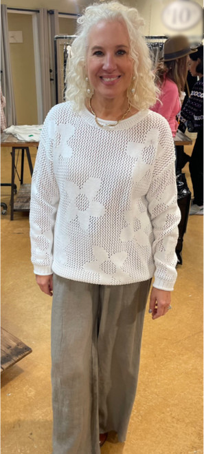 Sweater, White With Flowers Large