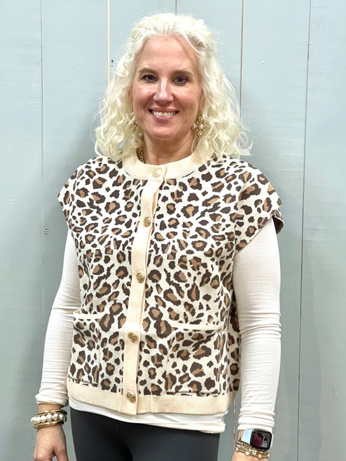 Sweater, Leopard Cap Sleeve With Gold Buttons LARGE