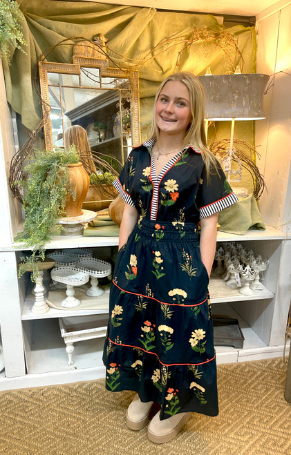 Dress, Black Floral With Striped Collar and Cuff SMALL