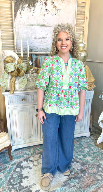 Shirt, Print With Striped Detail Green LARGE