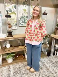 Shirt, Print With Striped Detail Pink LARGE