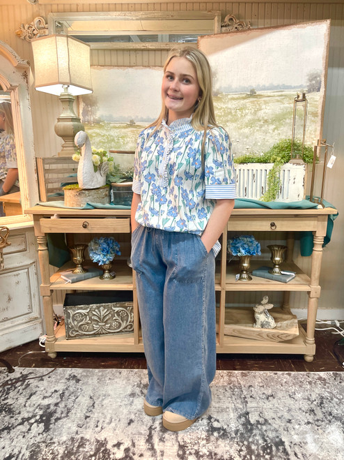 Shirt, Blue Floral With Striped Detail SMALL