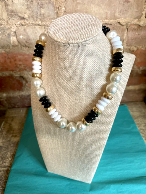 Necklace, Pearl & Rondelle Black Shape Beads