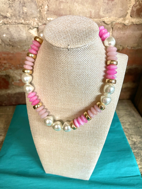 Necklace, Pearl & Pink Rondelle Shape Beads